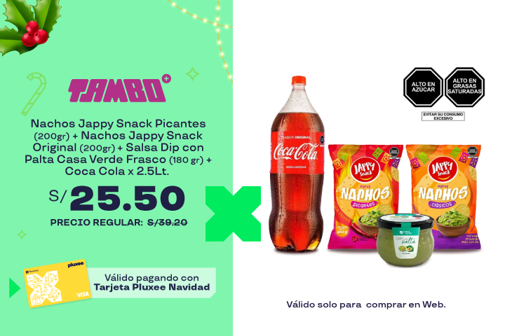 NACHOS JAPPY SNACK PICANTES X 200GR + NACHOS JAPPY SNACK ORIGINAL X 200GR + SALSA DIP CON PALTA CASA VERDE FRASCO X 180GR + GASEOSA COCA COLA X 2.5LT.